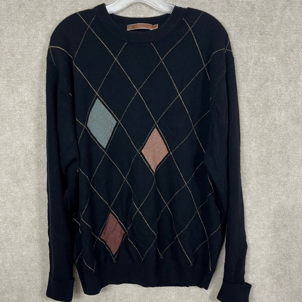 Raffi Cashmere Black Argyle Tight Knit Long Sleeve Sweater Pullover XL Men